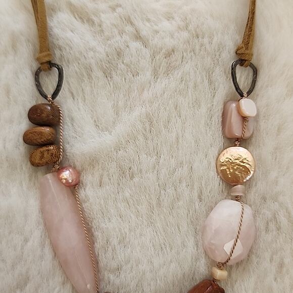 Peyote Bird Free Spirit Rose Quartz Brown Wood Beaded Leather Necklace NEW - Picture 10 of 12